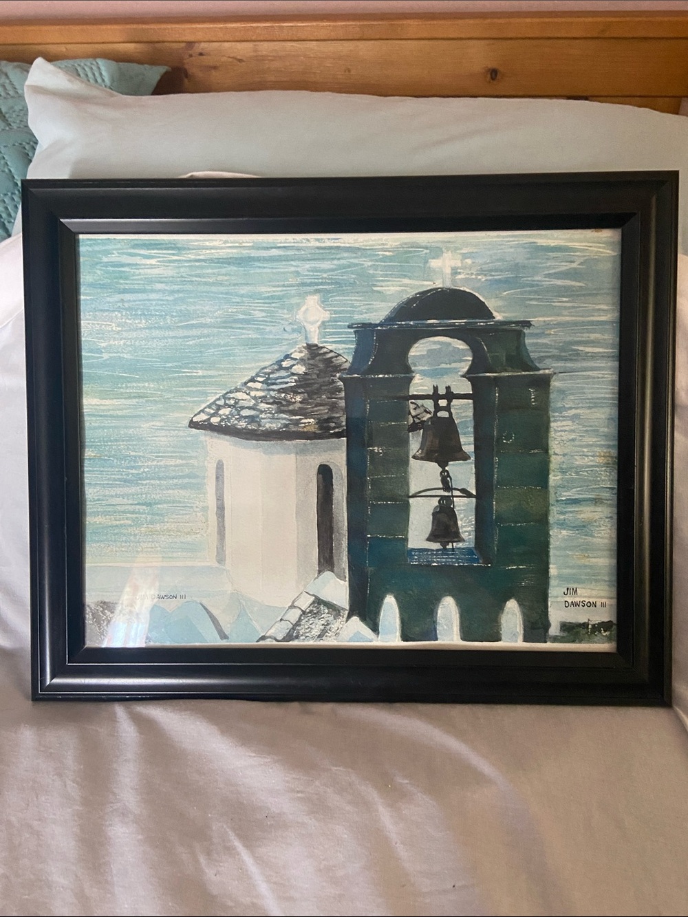 Framed Coastal Bell Tower Print in Teal and White by Jim Dawson III